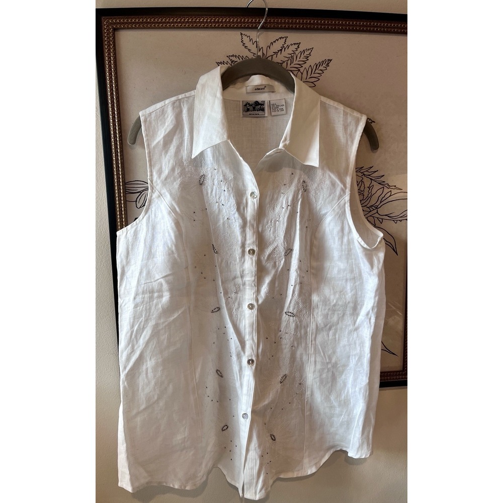 Edward Irish Linen Sleeveless Button Top L White Embroidered Floral Cottagecore